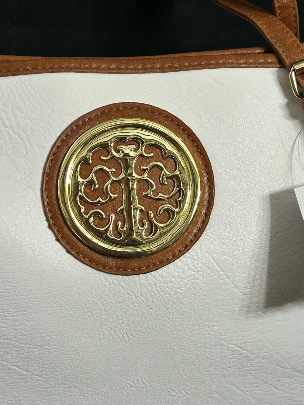 Women’s White & Lavender Tote Bag with Brown Trim & Gold Accent NWT